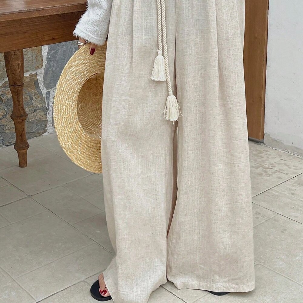 Beige Casual Women's Loose Fit Folded Pleat Wide Leg Pants - Picture 6 of 7